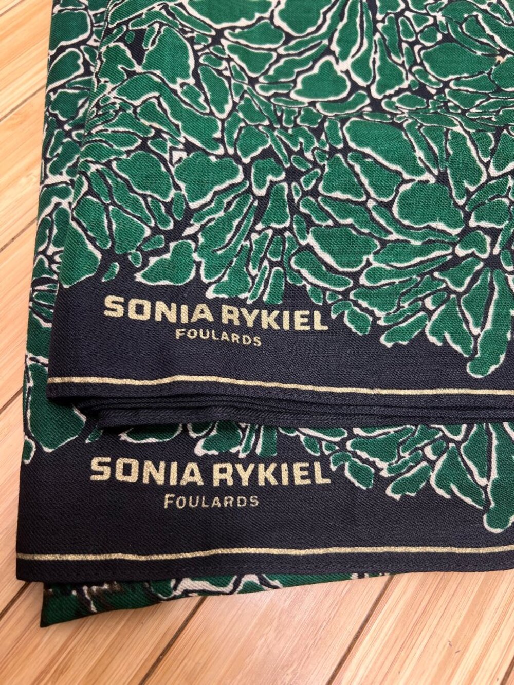 A Pair SONIA RYKIEL Foulards Scarf Shawl 42"  Black White Green Gold Floral  (25 - Picture 8 of 16